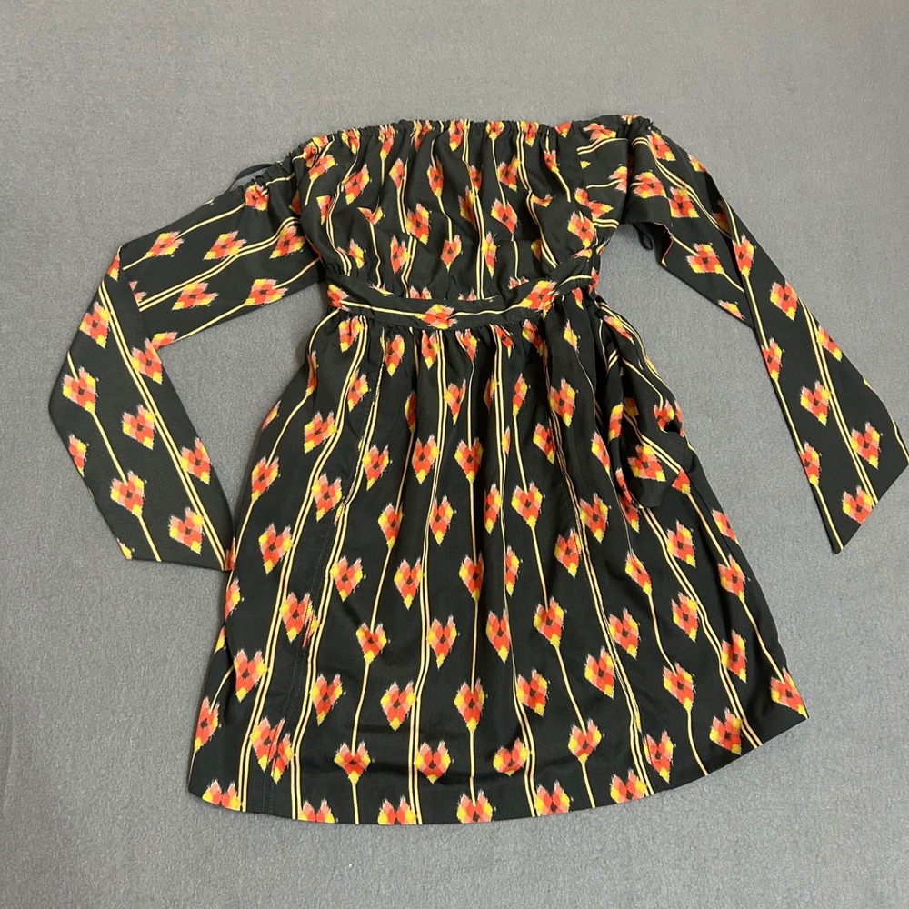 Ecote Dress Womens XS Black Ikat Print Off The Shoulder Mini Boho Festival